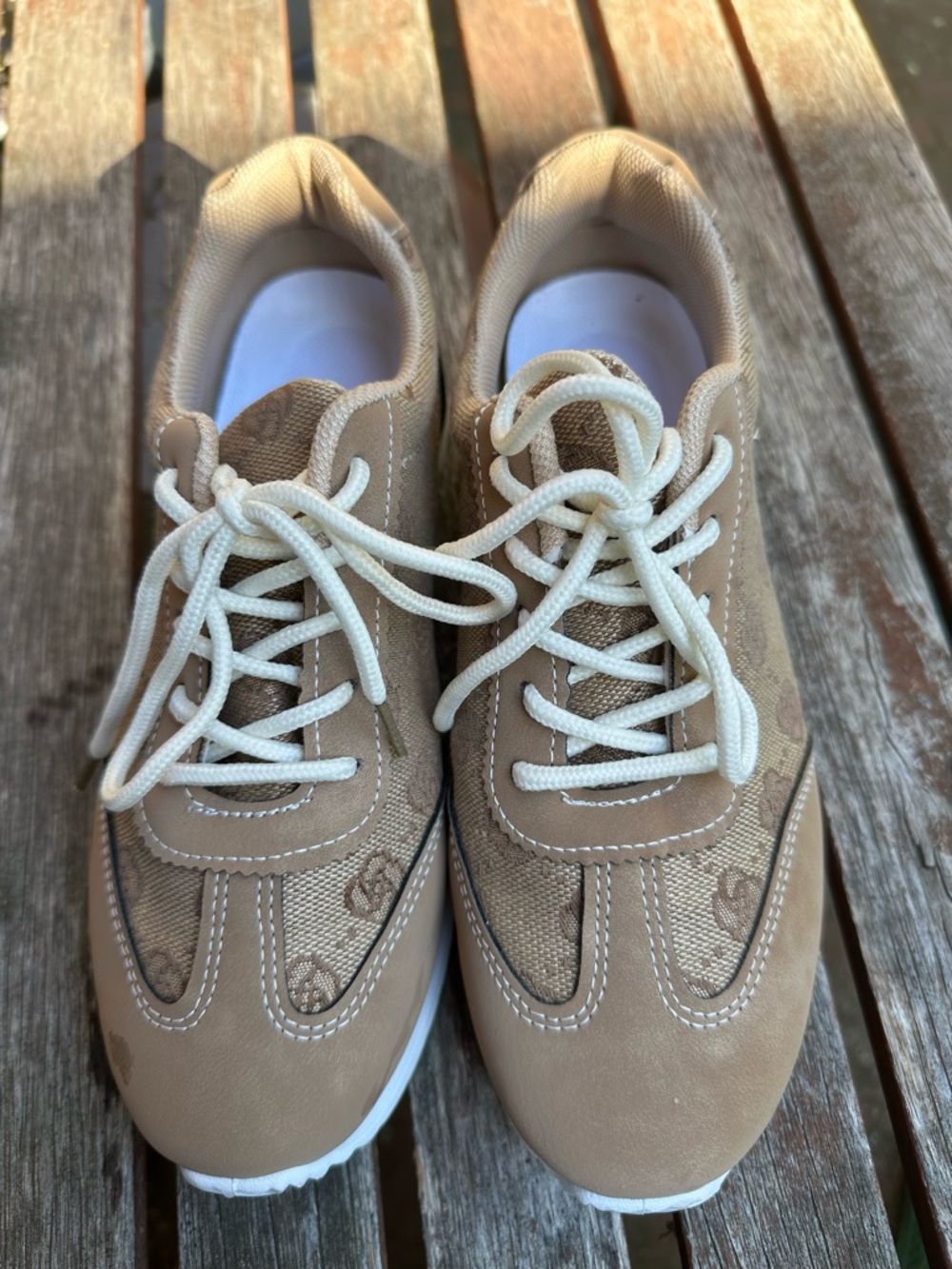 Tan Canvas and Faux Leather Casual Lace-Up Sneakers with White Laces